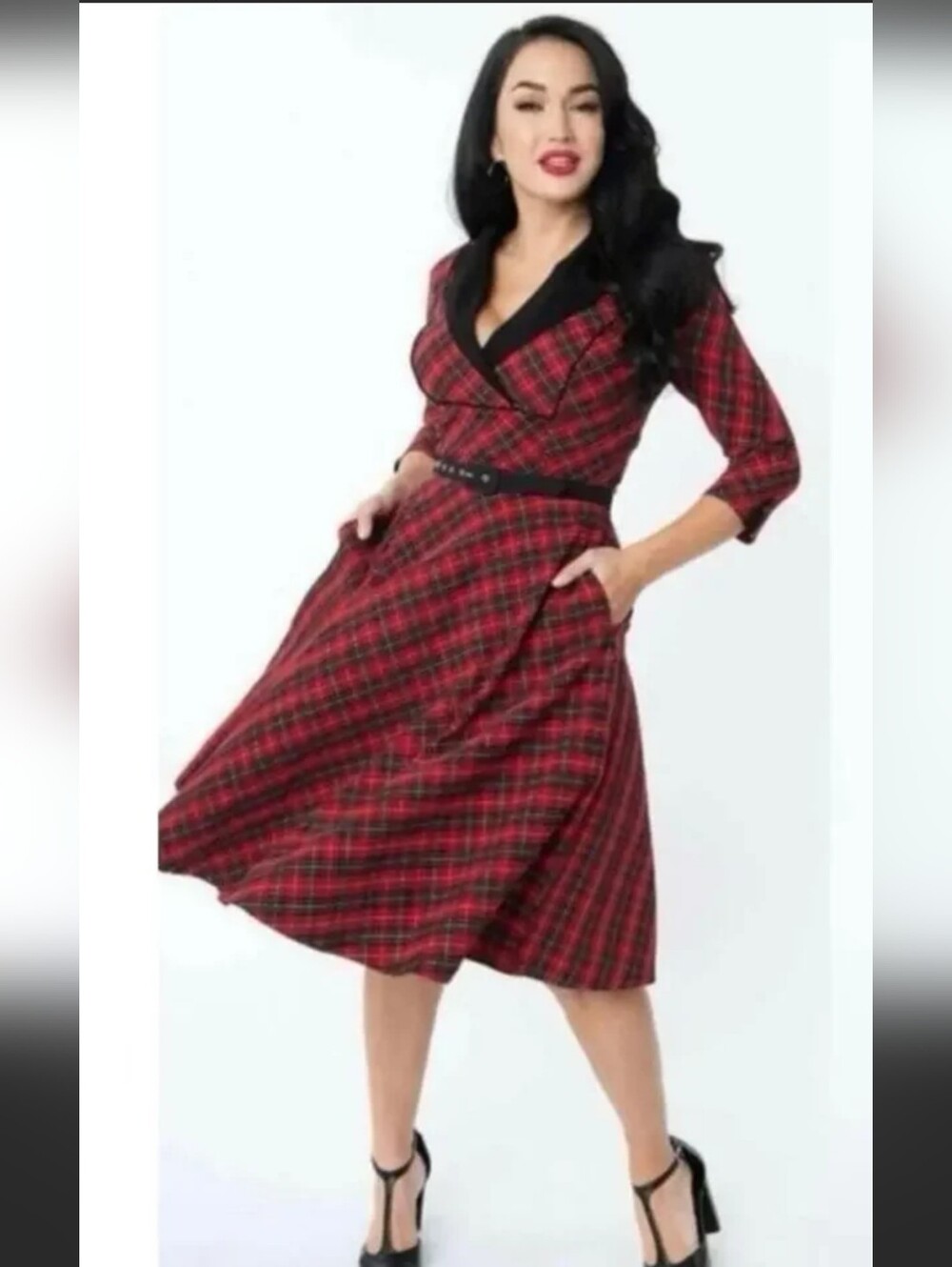 👠Unique Vintage Trudy 50'S Red And Black Plaid Swing Dress with Collar SZ M - Picture 13 of 14